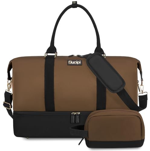 Sucipi Reisetasche Damen, Weekender Handgepäck Tasche, Kliniktasche Geburt Mommy Bag, Wasserdicht Sporttasche Groß, Travel Duffle Bag mit Schuhfach & Nassfach für Flugzeug Reise Gym Camping, Schwarz