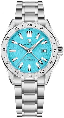 SUZAKU Pagani Design1792 Herren-Business-Armbanduhr, automatisch, Edelstahl, GMT, Saphirglas, 100 m wasserdicht, Kalender(Sky Blue)