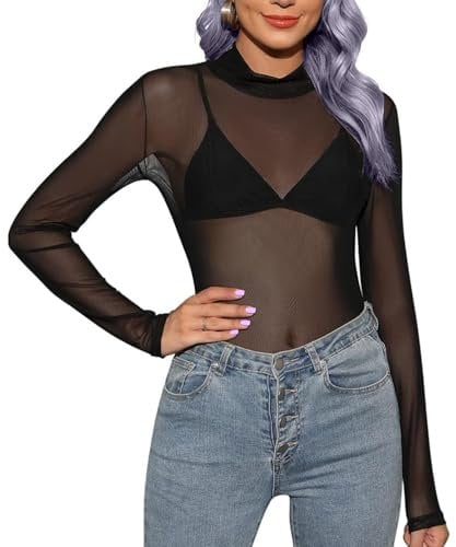 Risipu Mesh Tops for Women Sexy Long Sleeve Tops Women Sheer Blouse See Through Layering Shirts (XXL,Black)