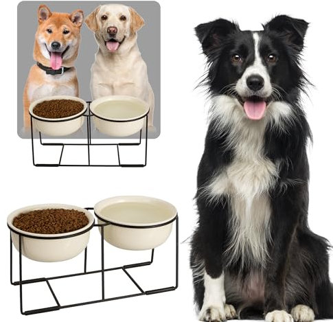 Ceramic Elevated Dog Bowl Set - Large Dog Feeding Bowls with Non-Slip Metal Stand - Raised Dog Food and Water Bowl Set - Double Pet Dishes for Medium and Large Dogs - 3.5 Cups - 54 fl oz - Beige