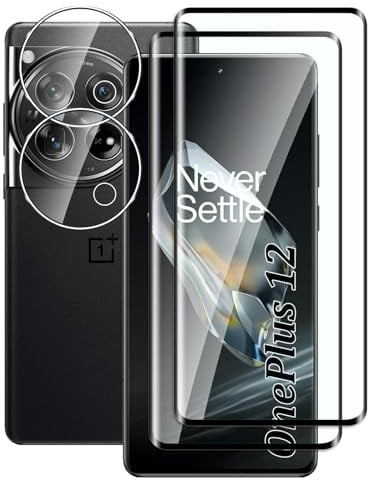 Fyqzio[2+2 Pièces Verre Trempé Pour OnePlus 12 et Caméra Arrière Protecteur,Sans Bulles,9H Dureté,Anti-Rayures,3D Couverture Complète,HD Film Protection Ecran Pour OnePlus 12
