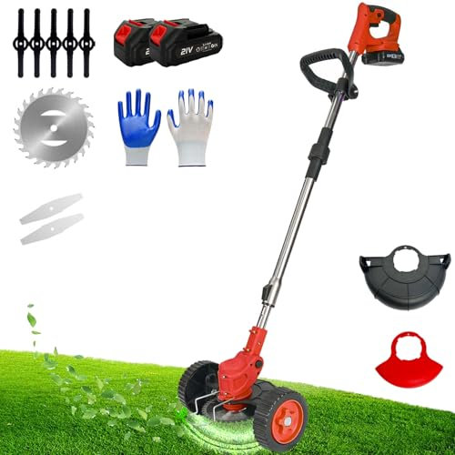 Hooha Handgerät Rasentrimmer 21V Freischneider Akku 2.0Ah x 2 Leichter Kabelloser Motorsense 18000 U/min Zusammenklappbar Gartentrimmer（Scharfe Messer & 90°Drehbarer Trimmerkopf & Handschuh & Räder）