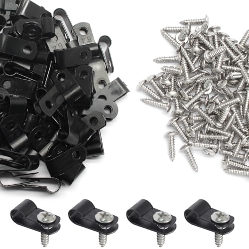 100 Pcs 1/4 Inch Black Nylon Screw Mounting R-type Cable Clip Wire Clamp, 6.4mm Cable Clip Wire Clamp for Wire Management, Stainless Steel Screws Includedc