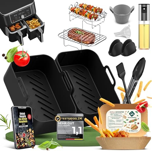 Ninja Heißluftfritteuse Zubehör | Airfryer Zubehör Ninja AF400EU 7.6-9.5L | Exakte Passform & dickeres Silikon | E-Book mit 150 Rezepten | Heißluftfritteuse Zubehör inkl. Backpapier | BPA-frei