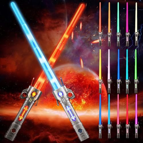 Shengruili Laserschwert Kinder,Duell Lichtschwerter,2 in 1 Lichtschwert,RGB 15 Farben Lichtschwerter,Smooth Swing USB Wiederaufladbare Laserschwert,Cosplay Spielzeug für Kinder Geschenk