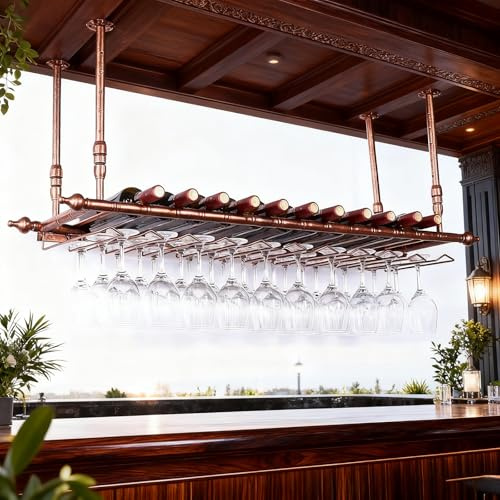Dernoing Soportes para Copas y Botelleros Colgante de Metal, Altura Ajustable Porta Bottiglie da Vino, Cuelga Copas con Invertido Tallo para Barra Bar/Club/Armarios para Vino (BR, 120x30x(30-60) cm)