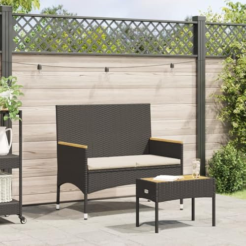 Homgoday Gartenbank 2-Sitzer mit Kissen und Tisch Schwarz Poly Rattan Sitzbank Balkonbank Terrassenbank Ruhebank Gartenmöbel Parkbank Bänke für Garten Balkon