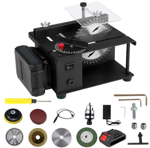 Mini Tischkreissäge, Präzisions Tischsäge mit 3000mAh Akku, 8 multifunktionale Zubehörteile, Schleifbänder, Schnitthöhe 35mm, Schnittdurchmesser 110mm, für Schneiden, Schleifen, Bohren