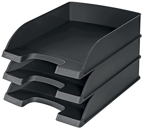 Leitz Briefkorb Standard A4, 3er Pack, Ablage in Premium-Qualität, Schwarz | Stapelbares Ablagefach als Schreibtisch-Organizer, Briefablage kombinierbar mit Plus-Serie, 52270095