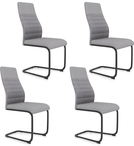 HOMASIS Juego de 4 Sillas de Comedor sin Brazos, Sillas de Cocina con Respaldo Alto y Base Metálica en Forma de U, Silla de Mesa de Comedor Asiento de Tela de Lino, para Comedor y Salón, Gris