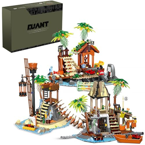 DUANT Piraten-Aussichtsturm Blackstone Reef Skull Island klemmbausteine Technik, EIN dreiteiliges Piraten-Szenenset mit Gebäuden für nautische Abenteuer, Inselhäusern und Leuchttürmen