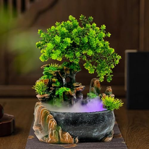 TESUGN Zimmerbrunnen mit LED-Beleuchtung, Desktop Bonsai Ornamente Grüne Pflanze Zimmerbrunnen, Tischbrunnen Wasserfall mit Nebel, Feng Shui Wasserfall Luftbefeuchter für Wohnzimmer Schlafzimmer Büro