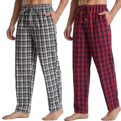 BEGIANT 2-pack pyjamasbyxor för män, bomull, loungebyxor med fickor, ultramjuka rutiga pyjamasbyxor för män, alla årstider, pyjamasbyxor, nattkläder, knappgylf