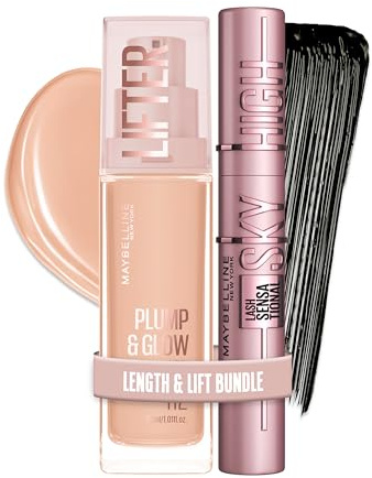 Maybelline New York Make-up Set: Lifter Foundation mit Niacinamid & Hyaluron + Sky High Mascara für extreme Länge & Volumen, Strahlender Teint & Volle Wimpern, Natural Glow, 2-teilig