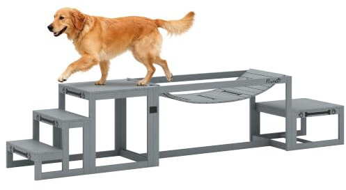 PawHut Dog Agility Equipment 3 Pieces Wooden Dog Agility Set Grey | Soft Bridge, Pause Platform, Pet Stair for Outdoor