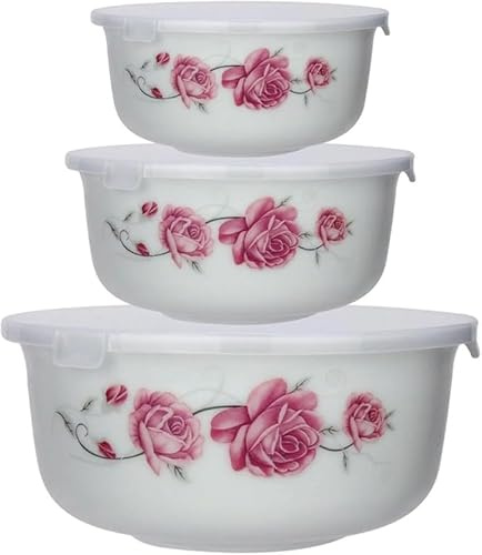 PNJB 3-Piece Opal Salad Bowl Set, PE Lids, Floral Design, Durable and Lightweight, Opal Glass Kitchen Bowls for Salad, Fruits, Snacks & Food Storage
