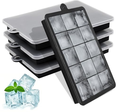Silicone Ice Cube Trays with Lids, 4 Pcs Ice Cube Tray 15 Squar Ice Cube Maker for Whiskey, Cocktail, Coffee, Drinks, Easy Release Ice Cube