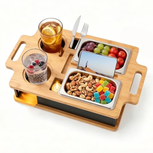 Kezidhp Couch Bar Snack Box - Bamboo Couch Tray with 2 Snack Bowls, 2 Drink Holders with Coaster, Mobile Phone Holder, Gift for Men and Women