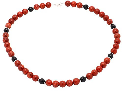 Kette Collier aus Schaumkoralle & Onyx & 925 Silber rot-braun schwarz Halskette