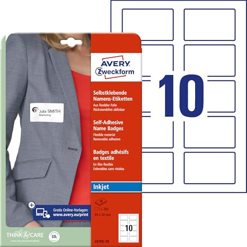 AVERY Zweckform J4785-20 Namensetiketten (200 Namensaufkleber, 80x50mm auf A4, selbstklebend, bedruckbare Textiletiketten für Inkjetdrucker, rückstandsfrei ablösbar) 20 Blatt, weiß