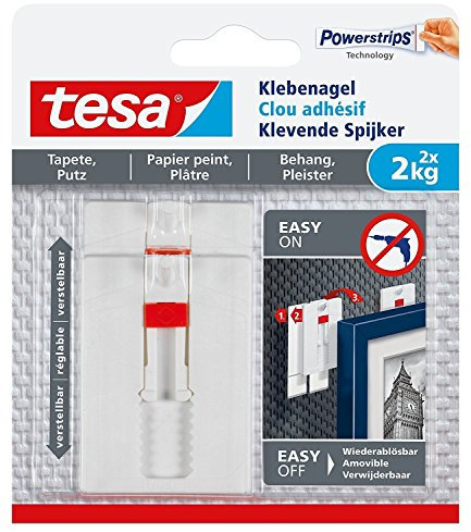 tesa Klebenagel für Tapeten und Putz, verstellbar, Halteleistung, 20 Stück (2 kg - 20 Nägel [10er Pack])