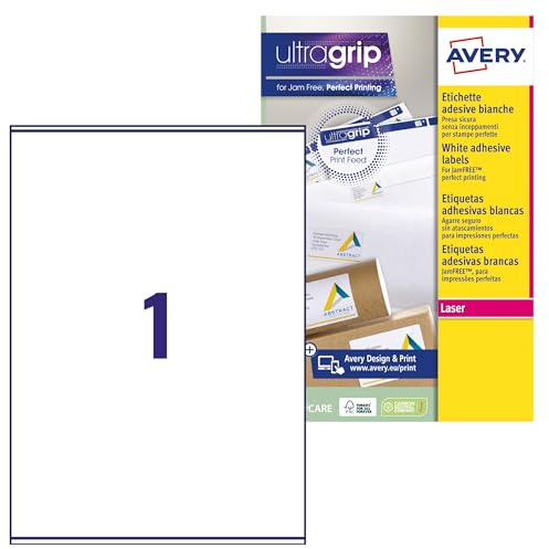 AVERY - 15 Étiquettes Adresse Autocollantes Blanches Personnalisables - Sans Bourrage - Format 199,6 x 289,1 mm - Impression Laser