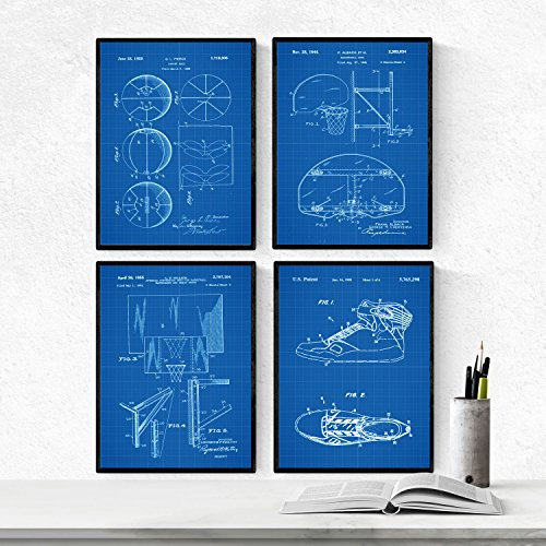 Nacnic BLAU Basketball Patent Poster 4er-Set. Vintage Stil Wanddekoration Abbildung von Turnschuhe, Basketballnetz und Alte Erfindungen. Verschiedene geometrische Sport Bilder ohne Rahmen. Größe A4.