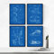 Nacnic BLAU Basketball Patent Poster 4er-Set. Vintage Stil Wanddekoration Abbildung von Turnschuhe, Basketballnetz und Alte Erfindungen. Verschiedene geometrische Sport Bilder ohne Rahmen. Größe A4.