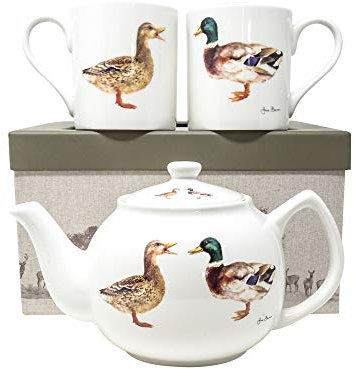 Pyramid International Jane Bannon Mugs and Teapot Set of 3 in Presentation Gift Box (Quackers Design) Fine Bone China - Official Merchandise