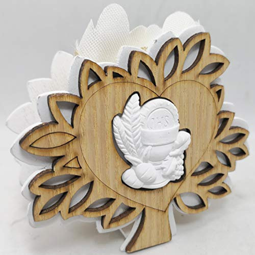 PuntoCasaStore 6 PZ Albero della Vita in Legno con Gessetto Calice Comunione e Sacchetto bomboniera 9,5x8,5 cm