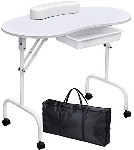 Kalolary Table de Manucure, Table de Station de Manucure Portable Table Manucure Pliante avec Roulettes Table de Bureau de Beauté pour Ongles Spa (blanc)