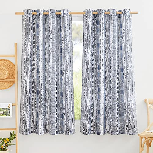 StangH Durchsichtige Leinen-Vorhänge für Wohnzimmer – Blau, Boho-gemustert, halbtransparente Vorhänge mit Ösen, Sichtschutzvorhänge für Schlafzimmer/Esszimmer, B 50 x L 72 cm, 2 Paneele