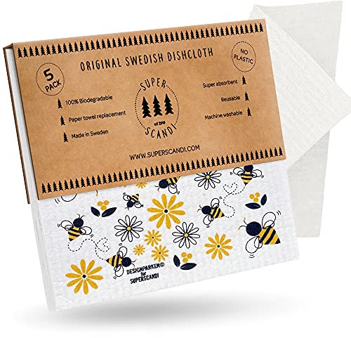 SUPERSCANDI Putzlappen im 5er Pack - 100% Biologisch Abbaubar & Kompostierbar | Wiederverwendbare & Lebensmittelsichere Spültücher,Ohne Plastik |Für Jede Oberfläche Geeignete Spüllappen | Bienen