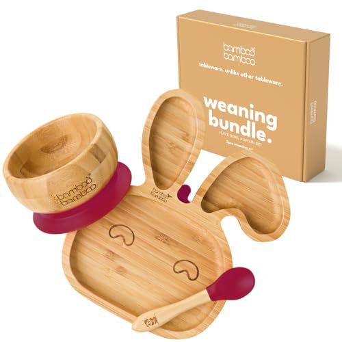 bamboo bamboo Piatto Baby & Ciotola Svezzamento Set, Ventosa per Pappa e Svezzamento, Piatto Coniglio Bamboo, Ciotola Toddler & Cucchiaio Baby, Piatti per Bambini da 6 Mesi (Coniglio, Ciliegia)