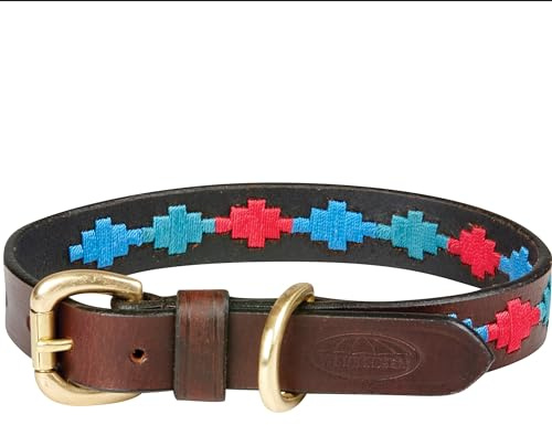 WeatherBeeta Polo Leather Dog Collar, Beaufort Brown/Emerald/Pink/Bl, Medium