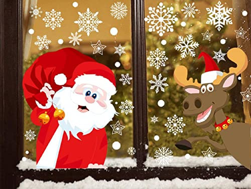 Santa Window Sticker Grandes Pegatinas de Ventana de Navidad Pegatinas Escaparate Navidad Doble Cara Grande Árbol De Navidad Blanco Alces Pegatinas Navidad Ventana de Pared Feliz Navidad 9 hojas