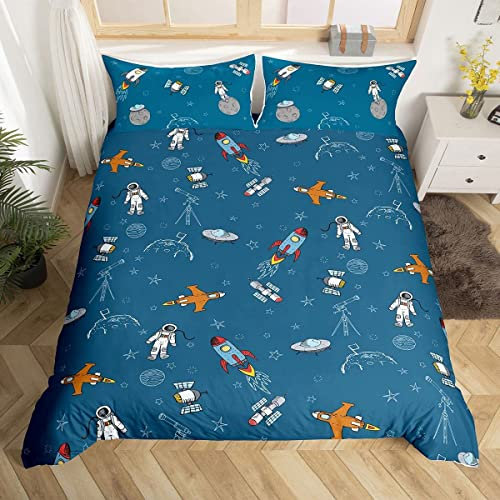 Juego de Ropa de Cama para niños, diseño de Cohete de Dibujos Animados, decoración de Astronauta, Ropa de Cama Doble, para niños, niñas, Estrellas, Nave Espacial, Espacio Exterior, Aventura, Juego de