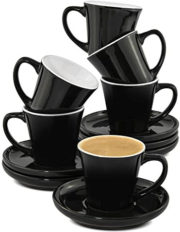 Cosumy Set di 6 Tazze da Espresso Nere con Piattini - Ceramica - Lavabile in Lavastoviglie - Con Scatola Regalo - 70ml