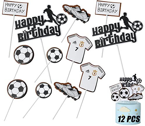 Tortendeko Geburtstag 12 Stück Fußball Geburtstagstorte Topper Fußball Cake Topper Kuchenstecker Happy Birthday Tortendeko Set Sport-Party-Dekorationen zum Geburtstag Cake Topper Geburtstag Party