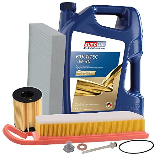ATEC Germany Inspektionspaket Filterset mit 1x Ölfilter; 1x Luftfilter; 1x Innenraumfilter; 1x Ölablassschraube; 1x Motoröl 5W-30 MULTITEC SAE 5 l, KOMPATIBEL MIT - FORD FIESTA Mk5, FUSION