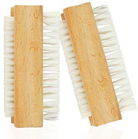 Wooden Nail Brush Double-sided Nail Cleaner with Plastic Bristles for Fingernail, Toenail Cleaning and Scrubbing (Pack of 2)