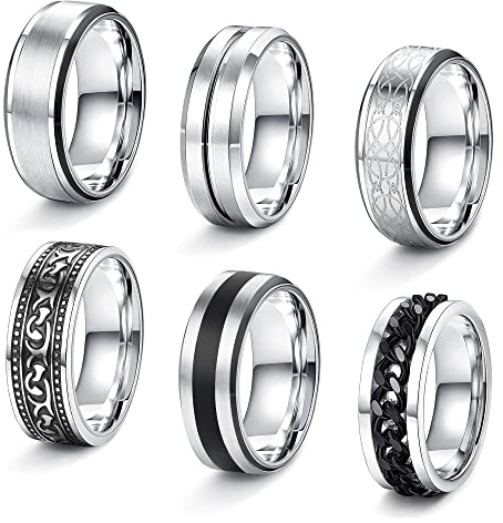 JeweBella 6 stycken ringar män rostfritt stål ringar set silver matt polerad keltisk knut vintage ringar kedjor ringar flasköppnare ring bandringar vigselring förlovningsringar för män kvinnor storlek