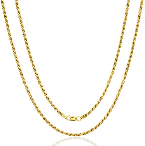AKA Gioielli® - Herren Damen Kette 18 Karat Gold Vergoldet 925 Sterling Silber - Kordelkette 3mm - 50 cm lang