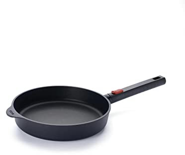 Woll Eco Logic QXR - Sartén plana de hierro fundido (inductiva, diámetro de 24 cm, 5 cm de alto, con mango extraíble, apta para todo tipo de cocinas, sin PFAS, revestimiento antiadherente, aluminio