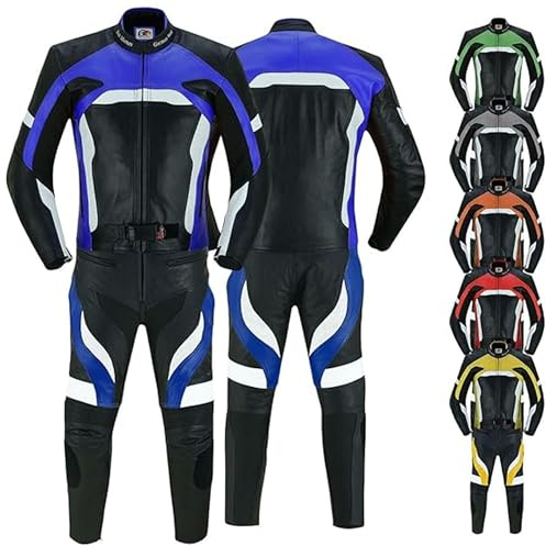 German Wear Motorradkombi Herren 2-teiler Biker Lederkombi aus Kalbsleder - mit alle Protektoren, abmehmbar & waschbar Thermofutter, Verstellbarer Taillengürtel und Reißverschluss-Taschen