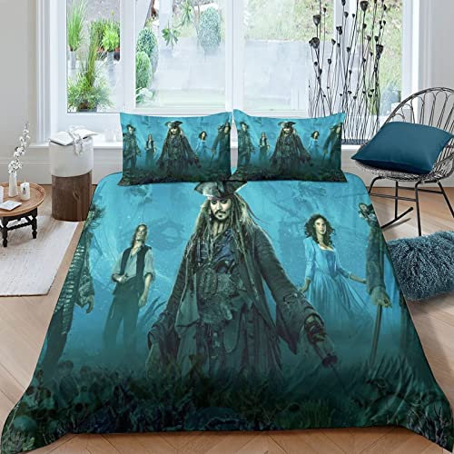 ELGISI Pirates of The Caribbean Duvet Cover Bettwäsche Set Movie Bettbezug Und Kissenbezug, Mikrofaser, 3D Digital Print Deckenbezug Dreiteilige Set Für Erwachsene Und Kinder Double(200x200cm)