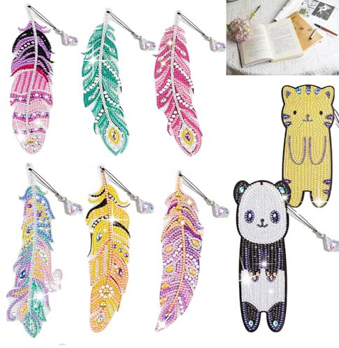 8 Stück Diamond Painting Lesezeichen, 5D Diamond Painting Feder Form Strass Bookmarks Kristall DIY Diamant Zeichnung Textmarken für Erwachsene Kinder Anfänger Kunsthandwerk Zubehör (A)