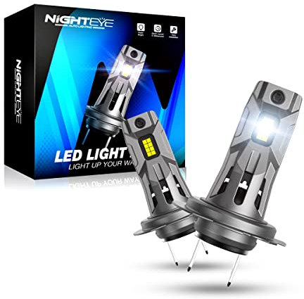 NIGHTEYE H7 LED Headlight Bulb, 12000LM 600% Brighter, 1:1 Mini Size H7 LED bulb, No Adapter Required, 6500K Cool White, Plug and Play, Halogen Replacement, Pack of 2