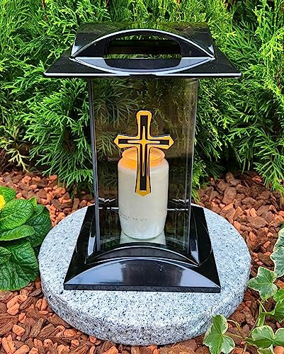 Grablampe Laterne mit Motiv Kreuz Gold - Grablicht Kerze Grabkerze Grabdekoration 27 cm H. Grabschmuck Neue Model incl. Kerze ohne Sockel.