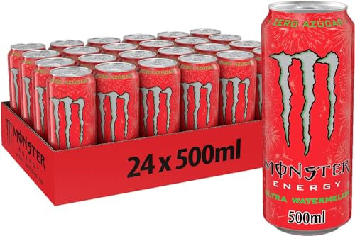 Monster Energy Ultra Watermelon, Bebida Energética sin Azúcar Sabor Sandía - Pack de 24 Latas de 500ml